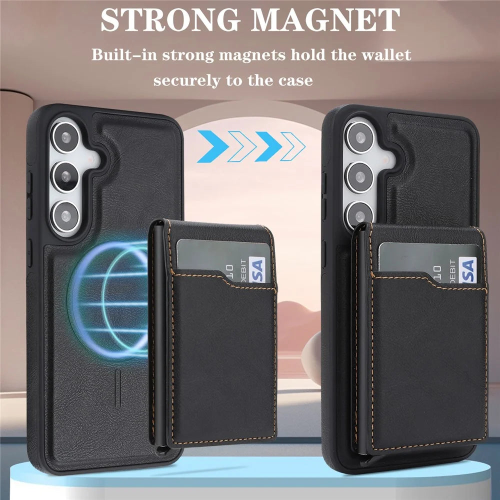 For Samsung Galaxy S26+ Magnetic Cover Kickstand Leather Back Phone Shell with Detachable Pop-Up Card Case - Black - 6