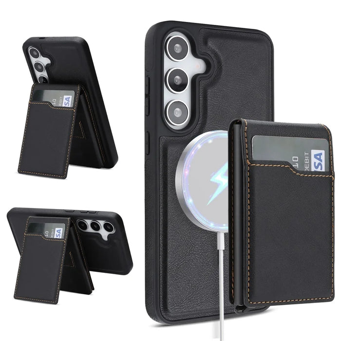 For Samsung Galaxy S26 Magnetic Cover Kickstand Leather Back Phone Shell with Detachable Pop-Up Card Case - Black - 1