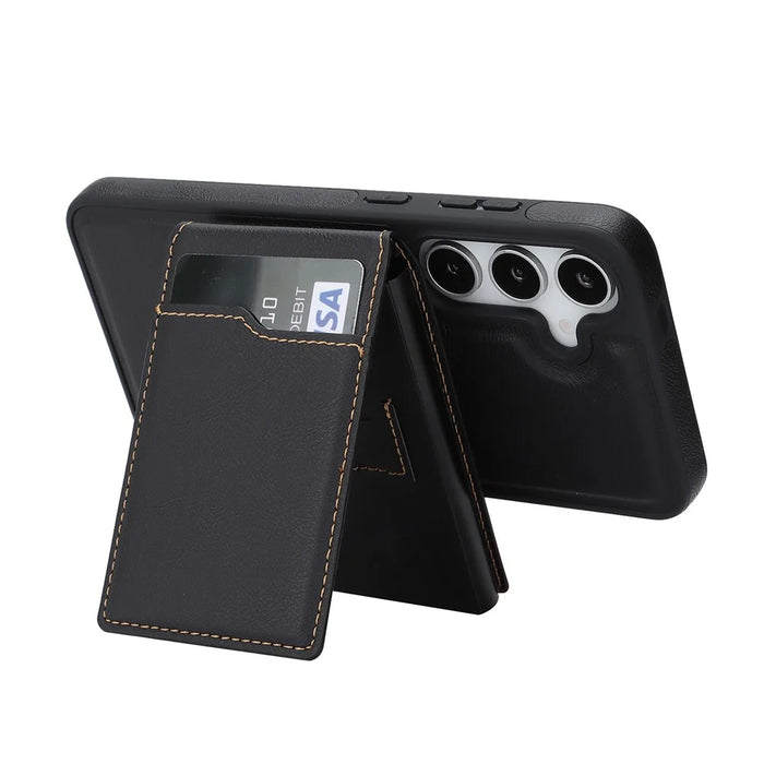 For Samsung Galaxy S26 Magnetic Cover Kickstand Leather Back Phone Shell with Detachable Pop-Up Card Case - Black - 3