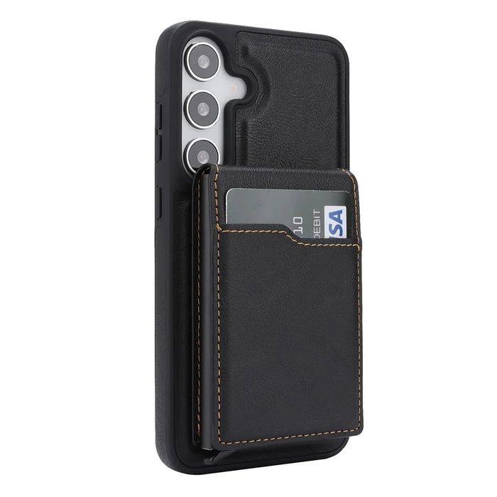 For Samsung Galaxy S26 Magnetic Cover Kickstand Leather Back Phone Shell with Detachable Pop-Up Card Case - Black - 4