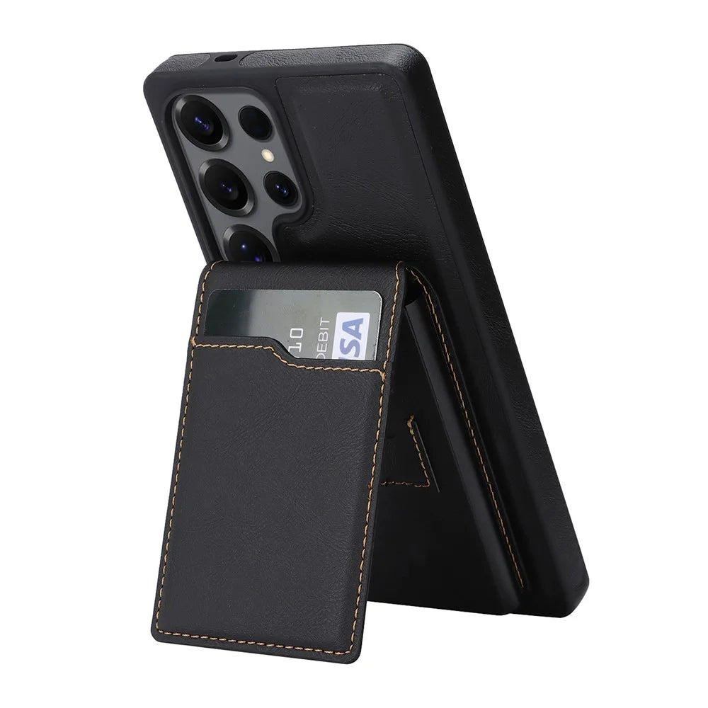 For Samsung Galaxy S25 Ultra Magnetic Cover Kickstand Leather Back Phone Shell with Detachable Pop-Up Card Case - Black - 2