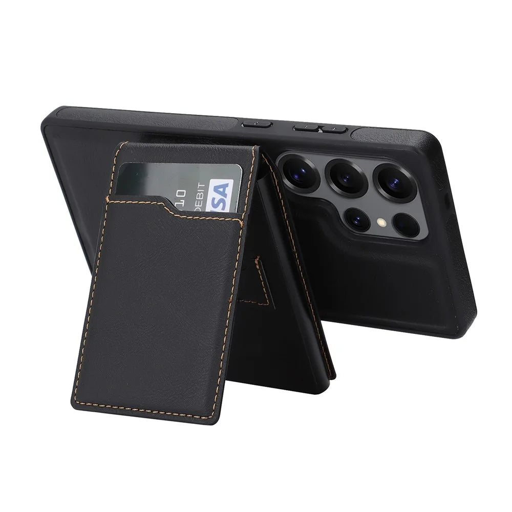 For Samsung Galaxy S25 Ultra Magnetic Cover Kickstand Leather Back Phone Shell with Detachable Pop-Up Card Case - Black - 3