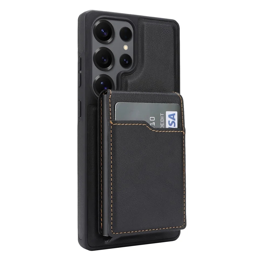 For Samsung Galaxy S25 Ultra Magnetic Cover Kickstand Leather Back Phone Shell with Detachable Pop-Up Card Case - Black - 4