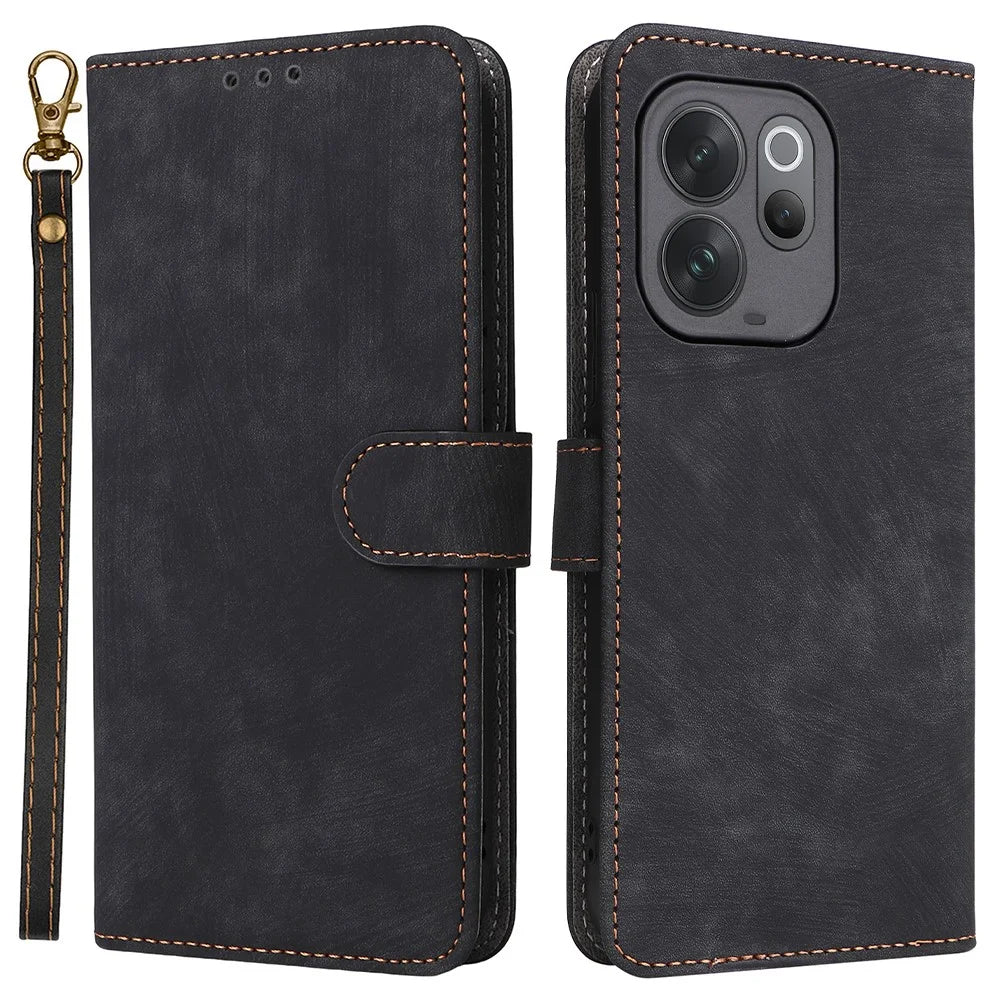 Phone Case For vivo V70 5G  /  V70 Elite 5G Wallet RFID Blocking PU Leather Phone Cover Stand with Strap - Black - 1