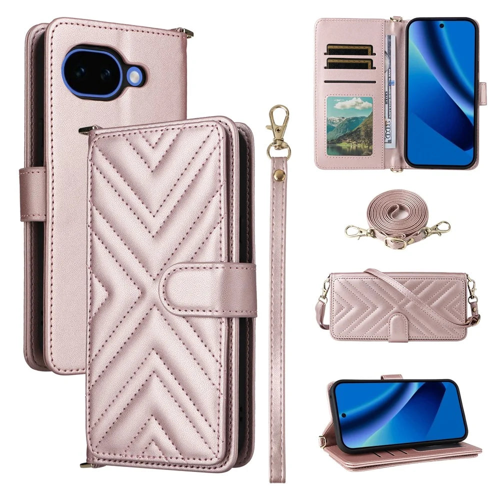 For Google Pixel 10a Leather Case Stand Wallet Phone Cover with Shoulder  /  Wrist Strap - Pink - 1
