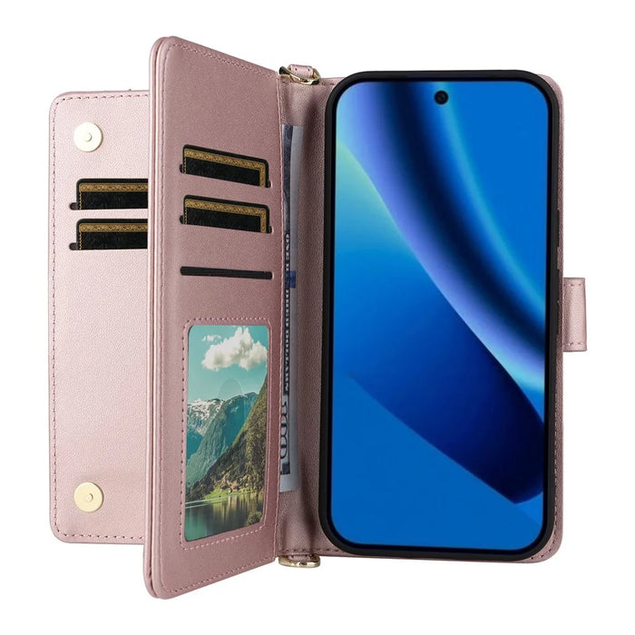 For Google Pixel 10a Leather Case Stand Wallet Phone Cover with Shoulder  /  Wrist Strap - Pink - 2