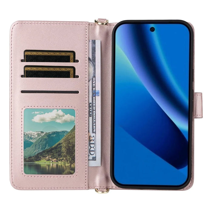 For Google Pixel 10a Leather Case Stand Wallet Phone Cover with Shoulder  /  Wrist Strap - Pink - 3