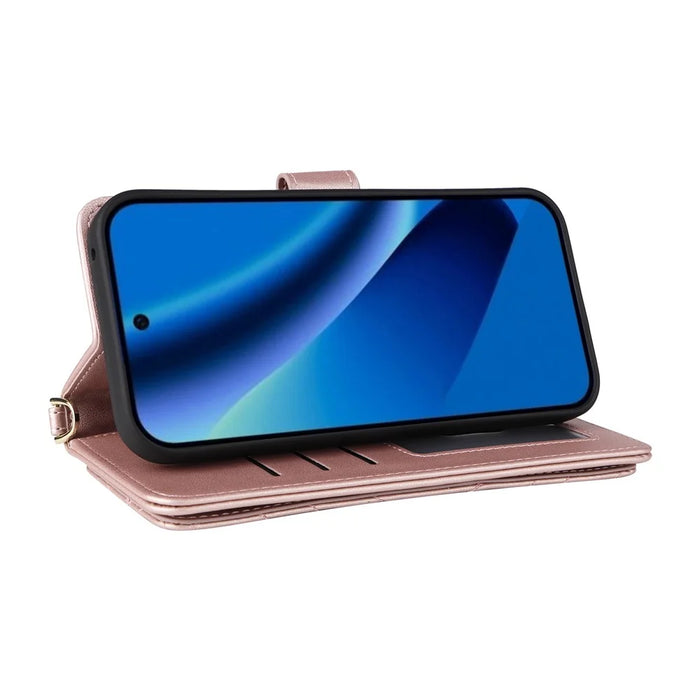 For Google Pixel 10a Leather Case Stand Wallet Phone Cover with Shoulder  /  Wrist Strap - Pink - 5