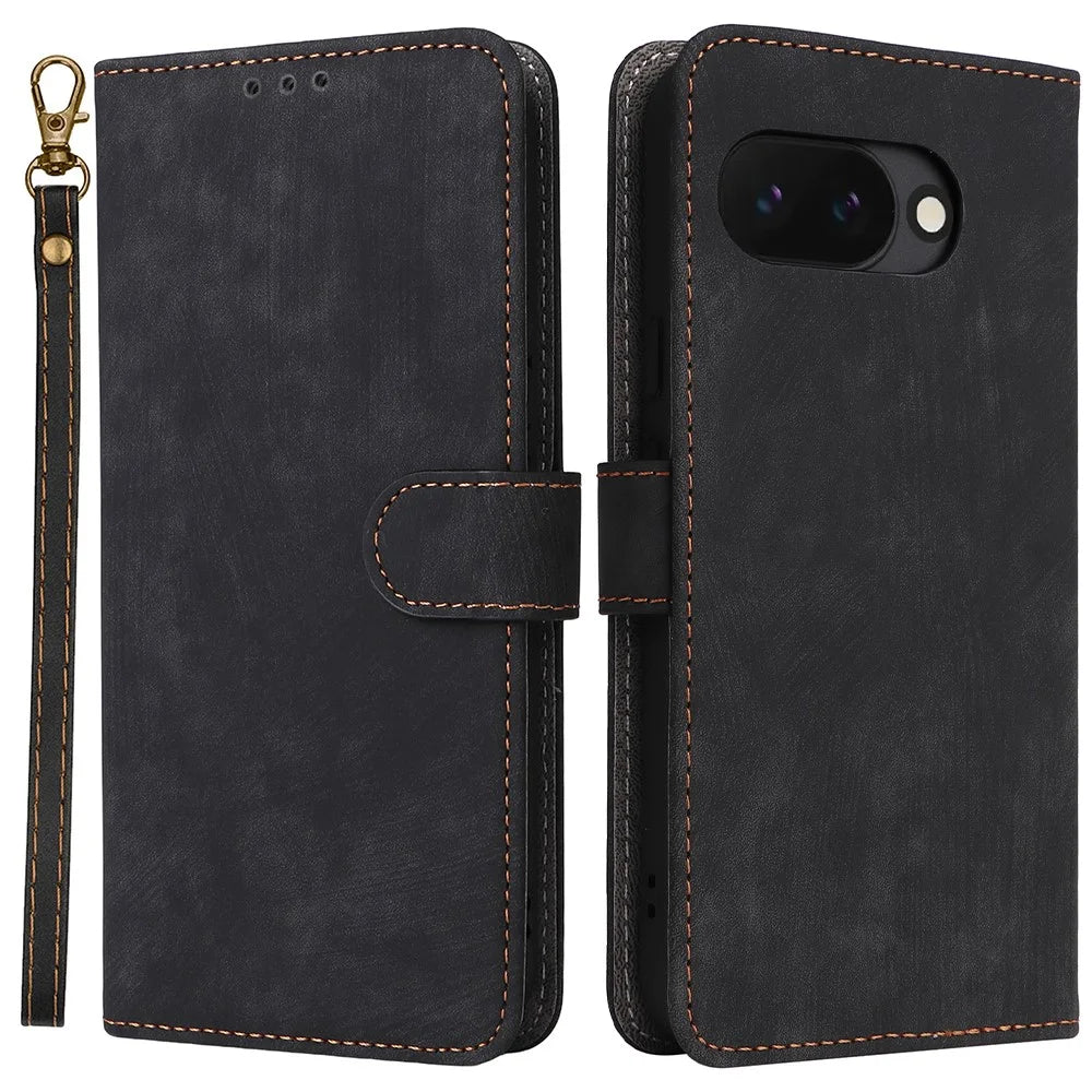 Phone Case For Google Pixel 10a Wallet RFID Blocking PU Leather Phone Cover Stand with Strap - Black - 1