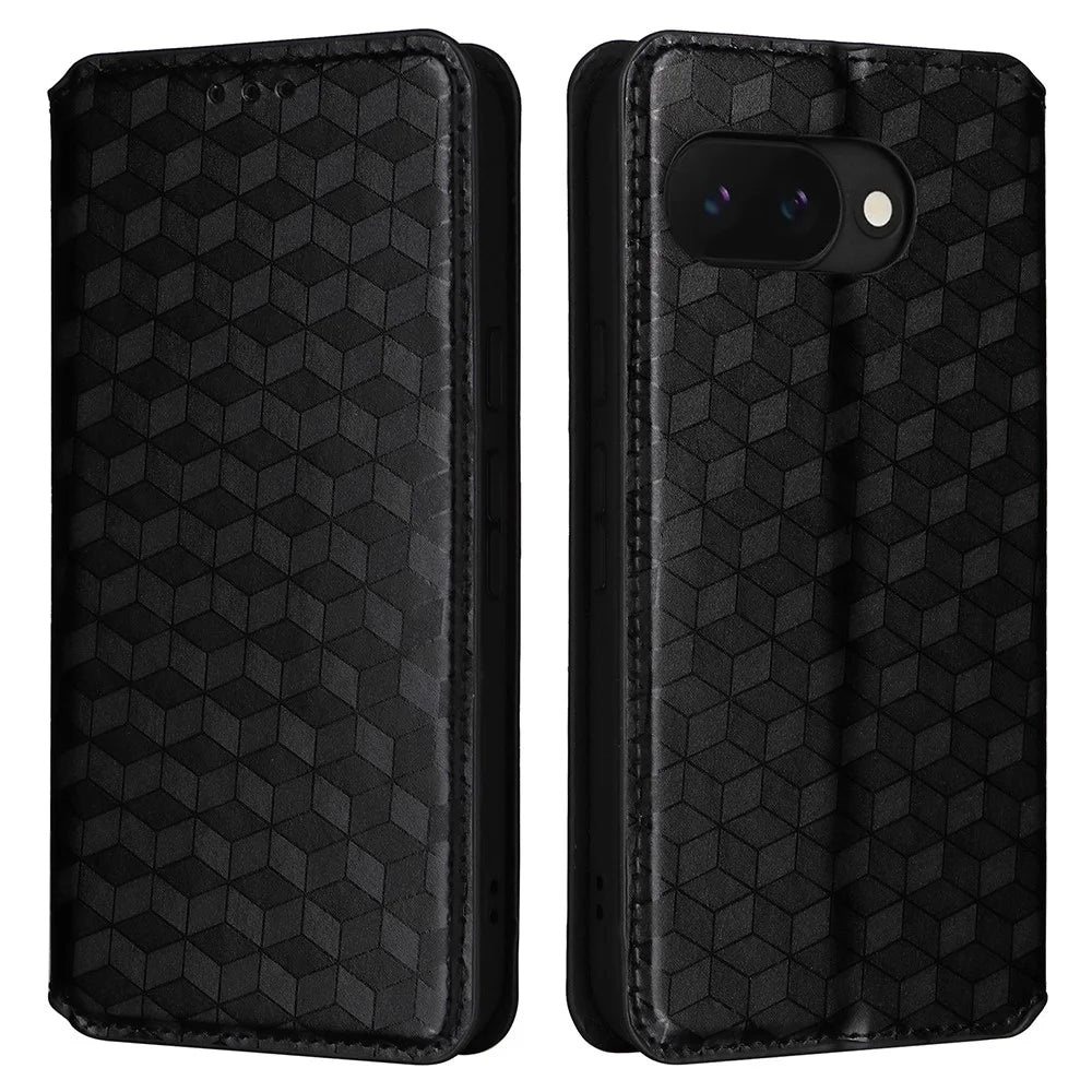 For Google Pixel 10a Case Wallet Rhombus Imprinted PU Leather Phone Cover - Black - 1