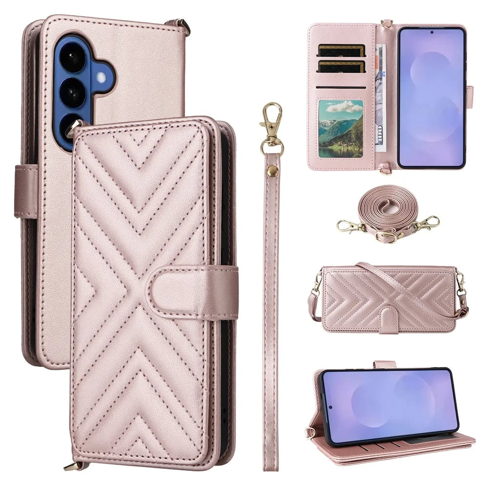 For Samsung Galaxy S26+ Leather Case Stand Wallet Phone Cover with Shoulder  /  Wrist Strap - Pink - 1