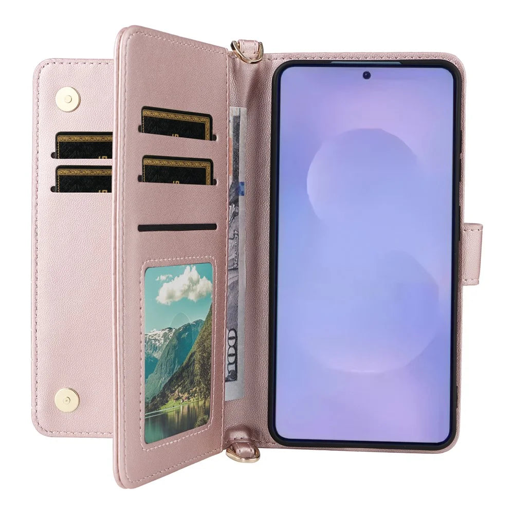For Samsung Galaxy S26+ Leather Case Stand Wallet Phone Cover with Shoulder  /  Wrist Strap - Pink - 2