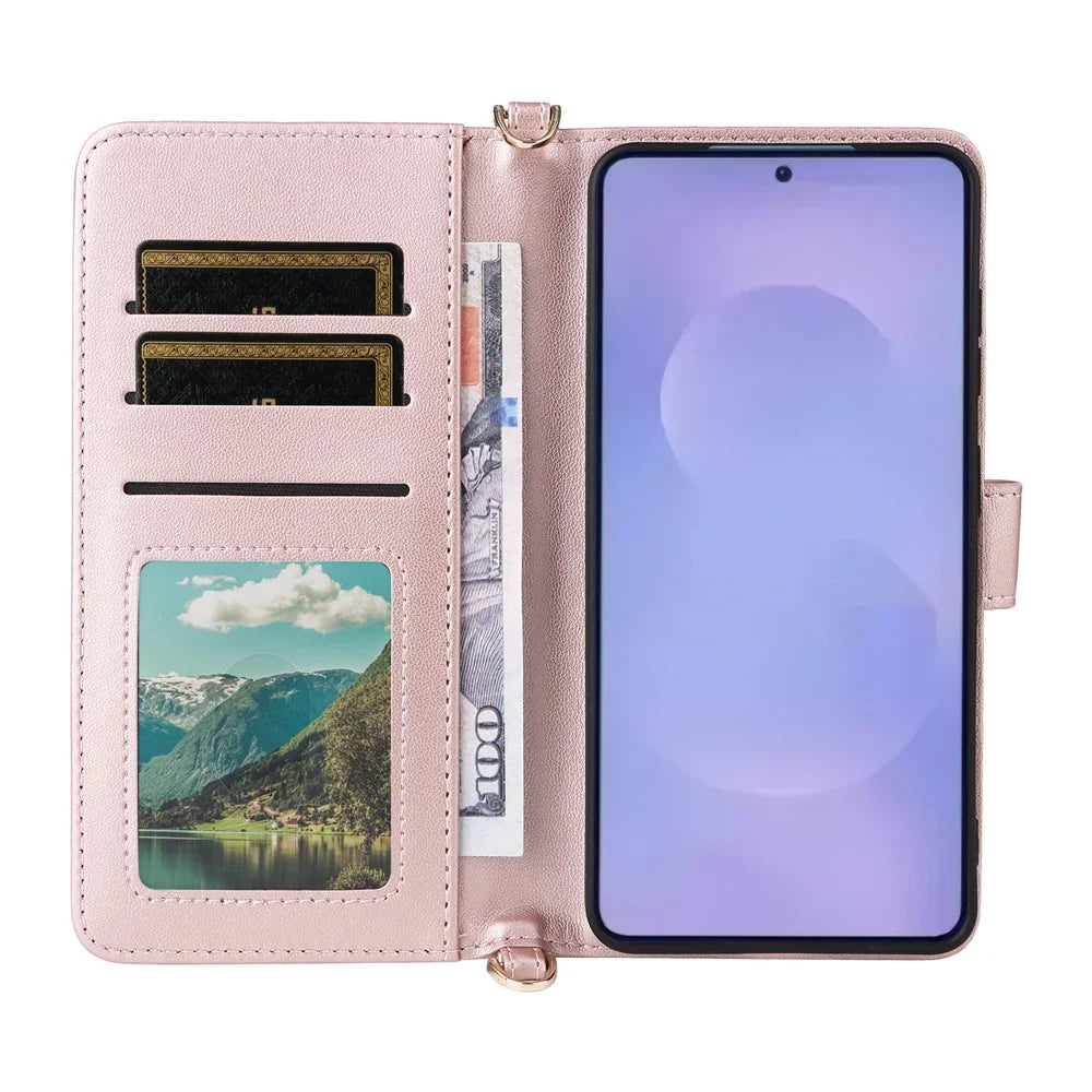 For Samsung Galaxy S26+ Leather Case Stand Wallet Phone Cover with Shoulder  /  Wrist Strap - Pink - 3