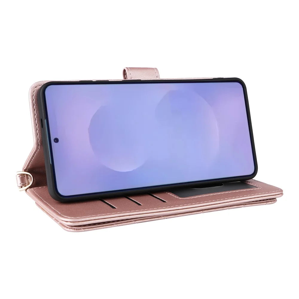 For Samsung Galaxy S26+ Leather Case Stand Wallet Phone Cover with Shoulder  /  Wrist Strap - Pink - 5