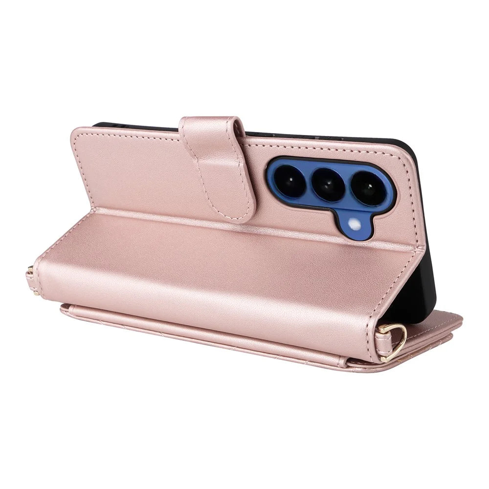 For Samsung Galaxy S26+ Leather Case Stand Wallet Phone Cover with Shoulder  /  Wrist Strap - Pink - 6