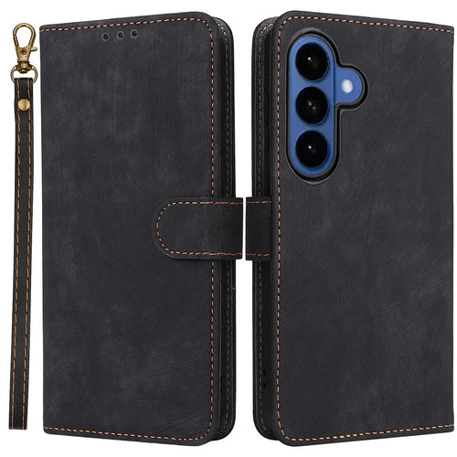 Phone Case For Samsung Galaxy S26+ Wallet RFID Blocking PU Leather Phone Cover Stand with Strap - Black - 1