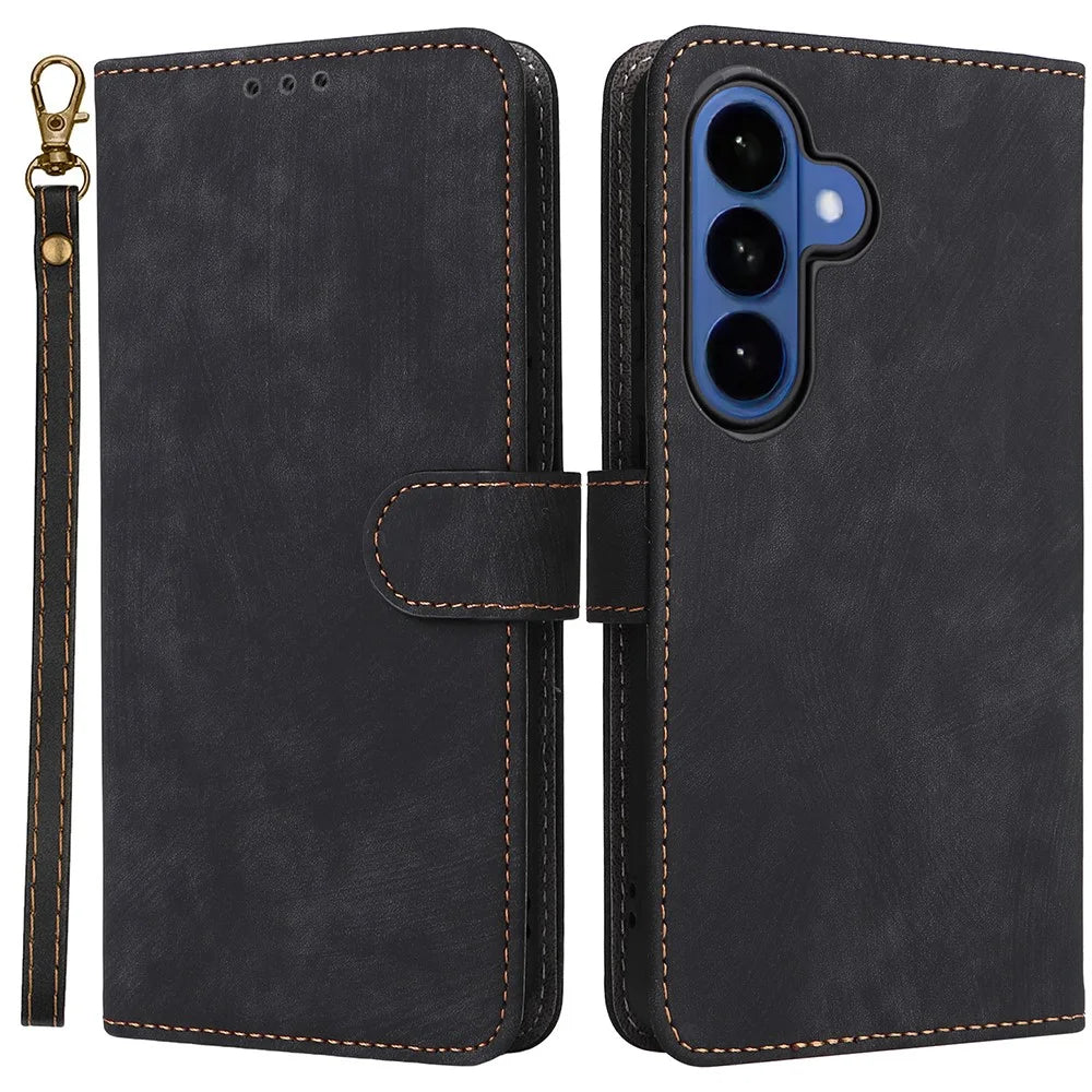Phone Case For Samsung Galaxy S26+ Wallet RFID Blocking PU Leather Phone Cover Stand with Strap - Black - 1