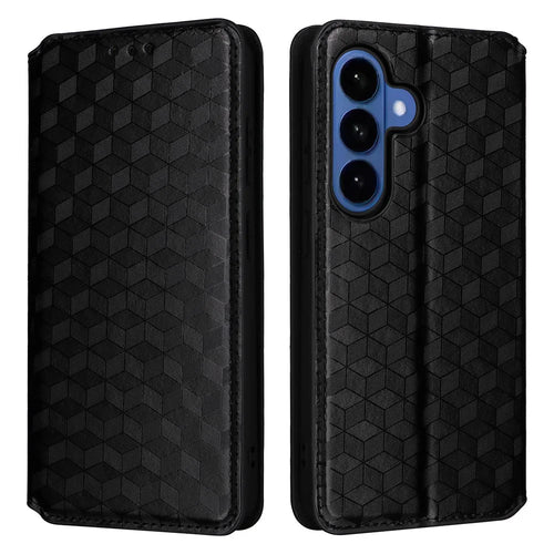 For Samsung Galaxy S26+ Case Wallet Rhombus Imprinted PU Leather Phone Cover - Black - 1