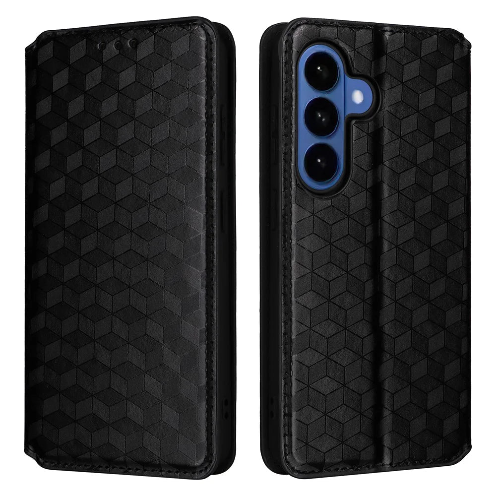 For Samsung Galaxy S26+ Case Wallet Rhombus Imprinted PU Leather Phone Cover - Black - 1