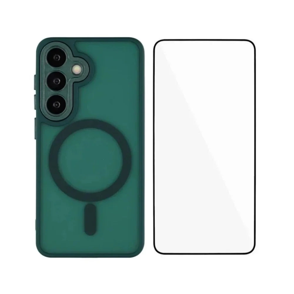 WANLONFENG For Samsung Galaxy A37 5G QB Series Magnetic Case PC TPU Phone Cover with Screen Film - Dark Green - 1