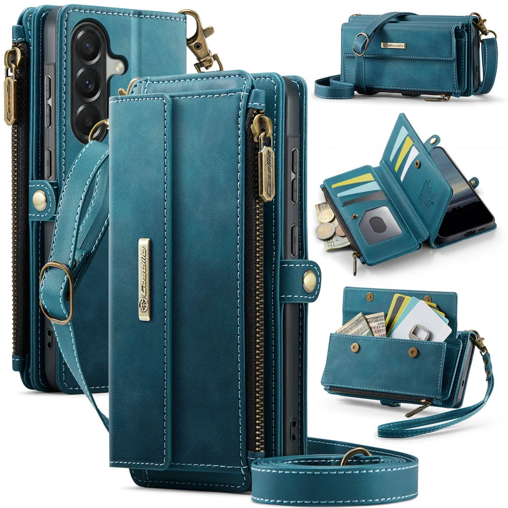 CaseMe For Samsung Galaxy A57 5G C39 Case RFID Blocking Zipper Wallet Stand Leather Cover with Strap - Green - 1
