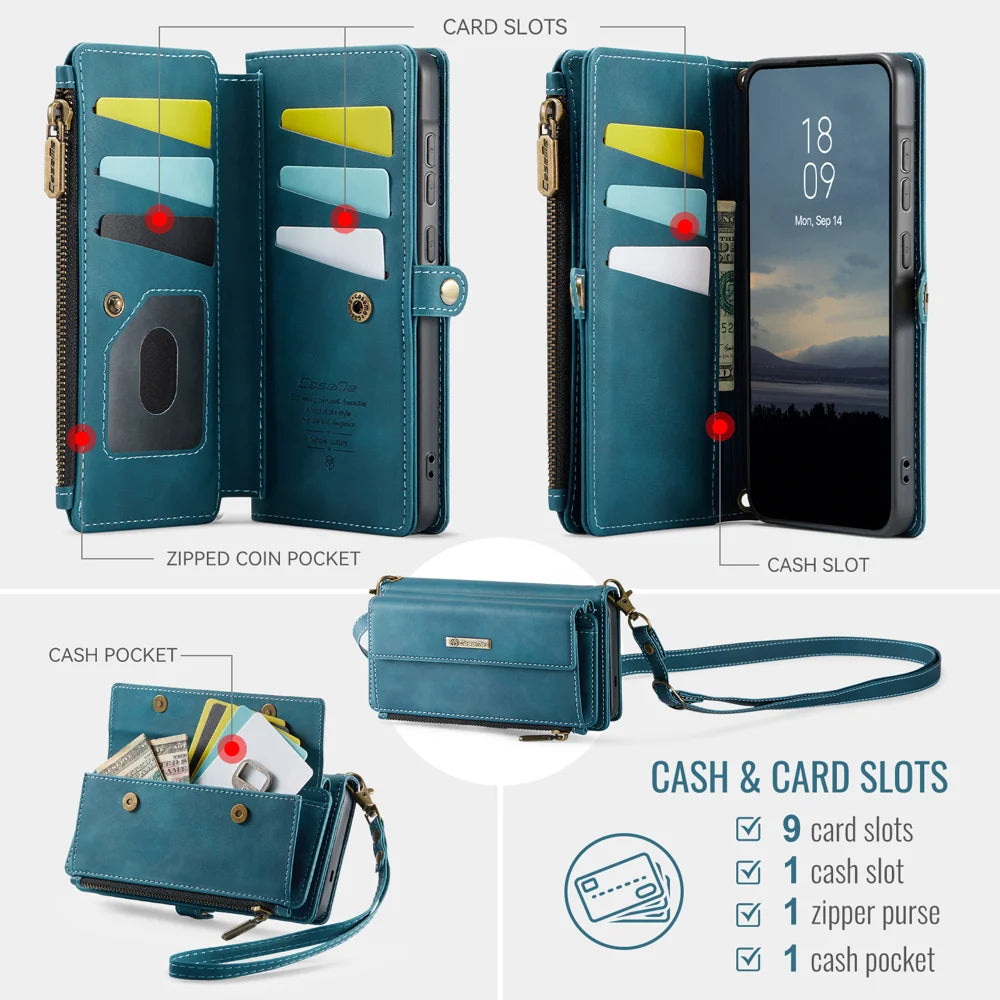CaseMe For Samsung Galaxy A57 5G C39 Case RFID Blocking Zipper Wallet Stand Leather Cover with Strap - Green - 3