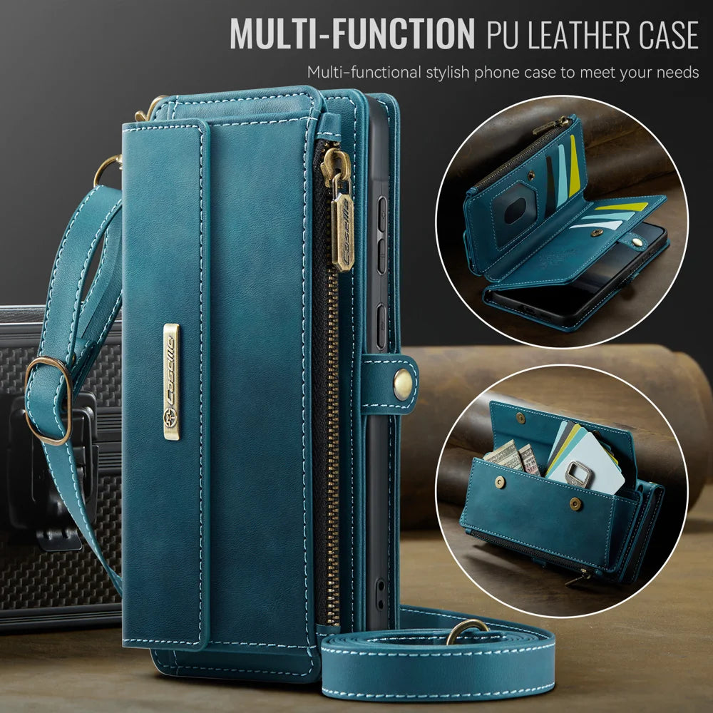 CaseMe For Samsung Galaxy A57 5G C39 Case RFID Blocking Zipper Wallet Stand Leather Cover with Strap - Green - 5