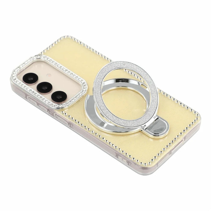 For Samsung Galaxy S26 Case Kickstand Rhinestone Edge Glitter Back TPU + PC IMD Phone Cover - Glitter Light Yellow - 6