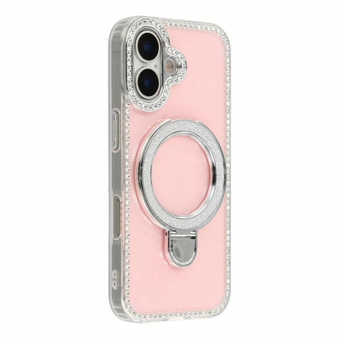 For iPhone 17 Case Kickstand Rhinestone Edge Glitter Back TPU + PC IMD Phone Cover - Glitter Light Pink - 1