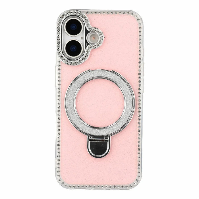 For iPhone 17 Case Kickstand Rhinestone Edge Glitter Back TPU + PC IMD Phone Cover - Glitter Light Pink - 2