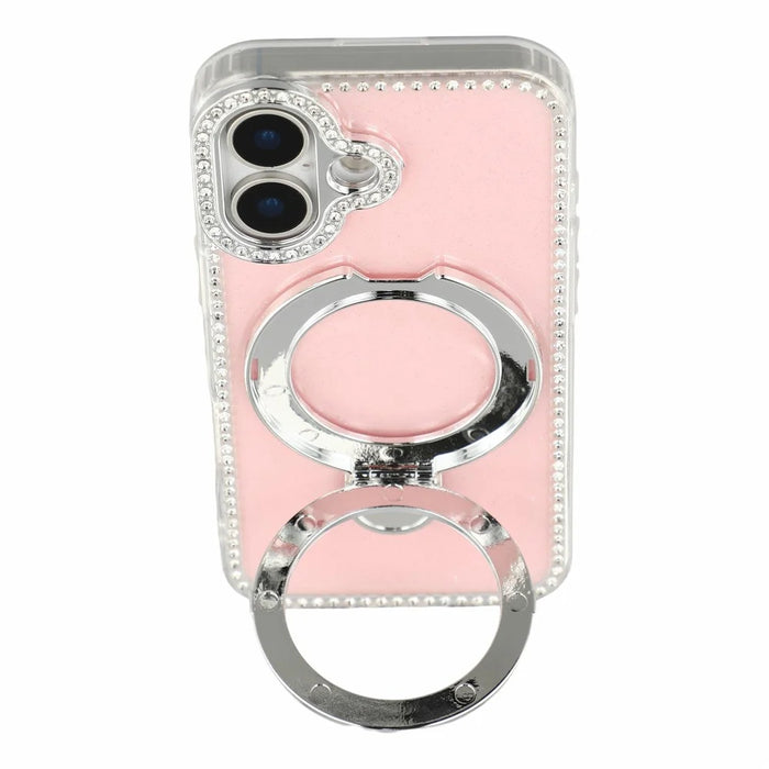 For iPhone 17 Case Kickstand Rhinestone Edge Glitter Back TPU + PC IMD Phone Cover - Glitter Light Pink - 4
