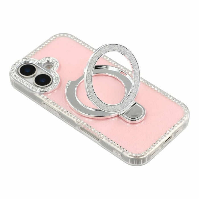 For iPhone 17 Case Kickstand Rhinestone Edge Glitter Back TPU + PC IMD Phone Cover - Glitter Light Pink - 6