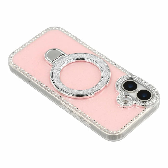 For iPhone 17 Case Kickstand Rhinestone Edge Glitter Back TPU + PC IMD Phone Cover - Glitter Light Pink - 7