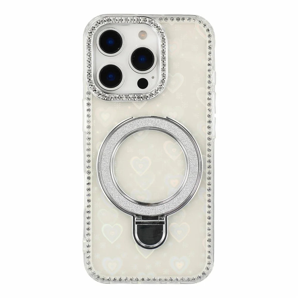 For iPhone 16 Pro Case Kickstand Rhinestone Edge Glitter Back TPU + PC IMD Phone Cover - Heart Transparent - 2