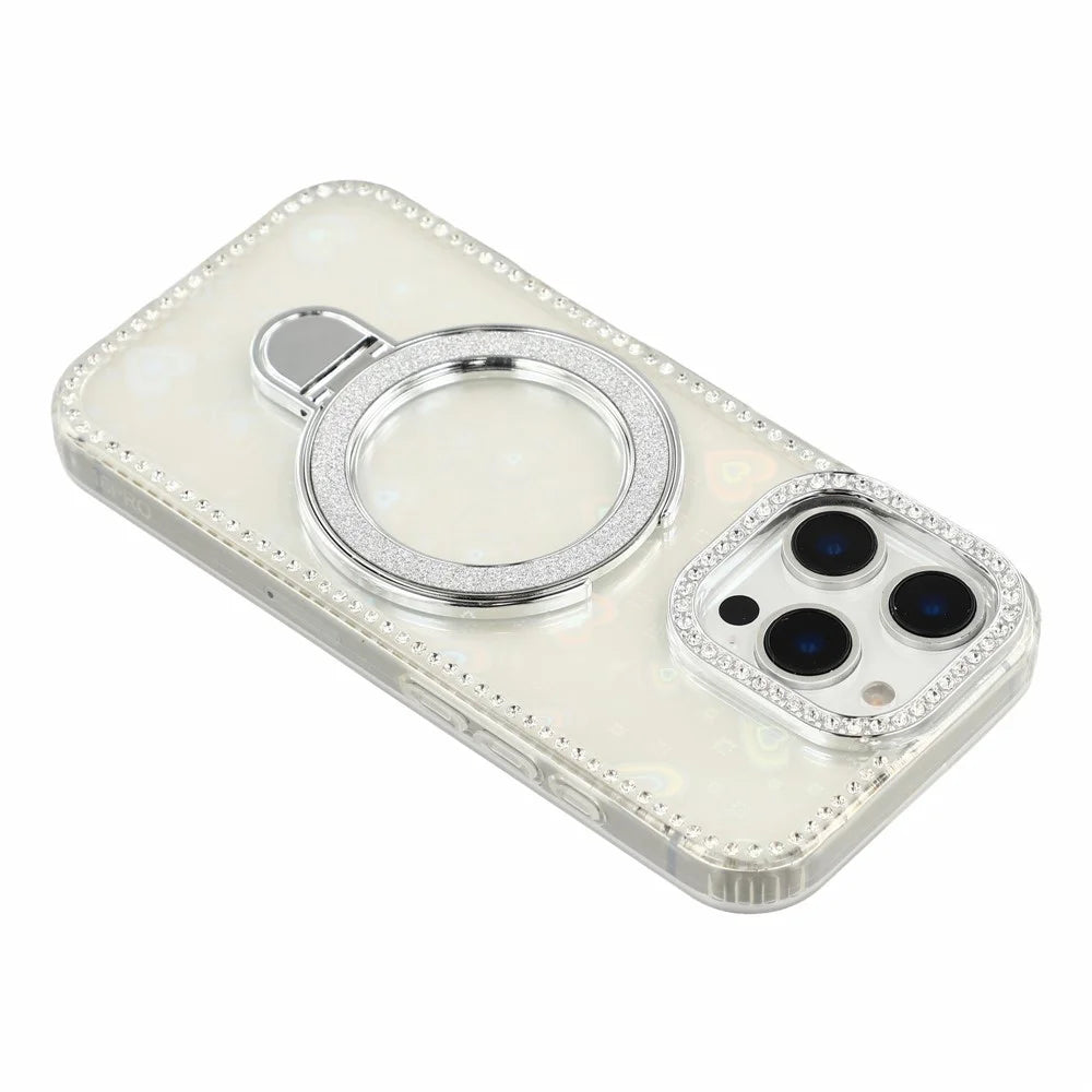 For iPhone 16 Pro Case Kickstand Rhinestone Edge Glitter Back TPU + PC IMD Phone Cover - Heart Transparent - 7