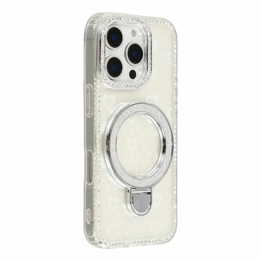 For iPhone 16 Pro Max Case Kickstand Rhinestone Edge Glitter Back TPU + PC IMD Phone Cover - Heart Transparent - 1