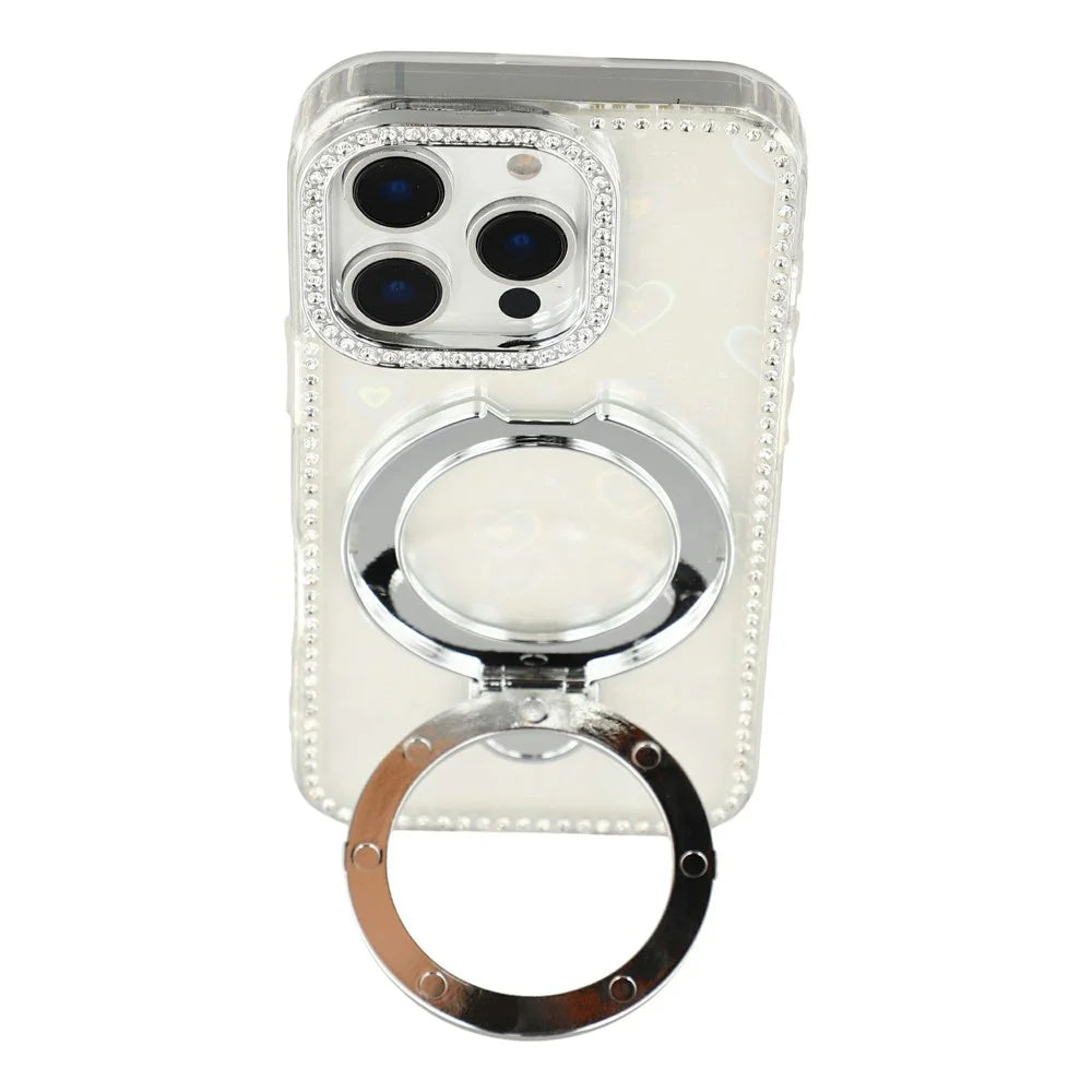 For iPhone 16 Pro Max Case Kickstand Rhinestone Edge Glitter Back TPU + PC IMD Phone Cover - Heart Transparent - 4