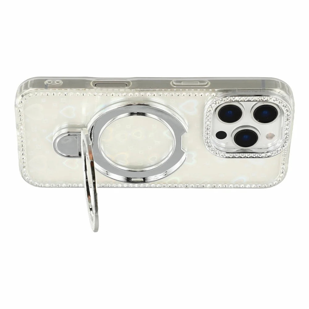 For iPhone 16 Pro Max Case Kickstand Rhinestone Edge Glitter Back TPU + PC IMD Phone Cover - Heart Transparent - 5