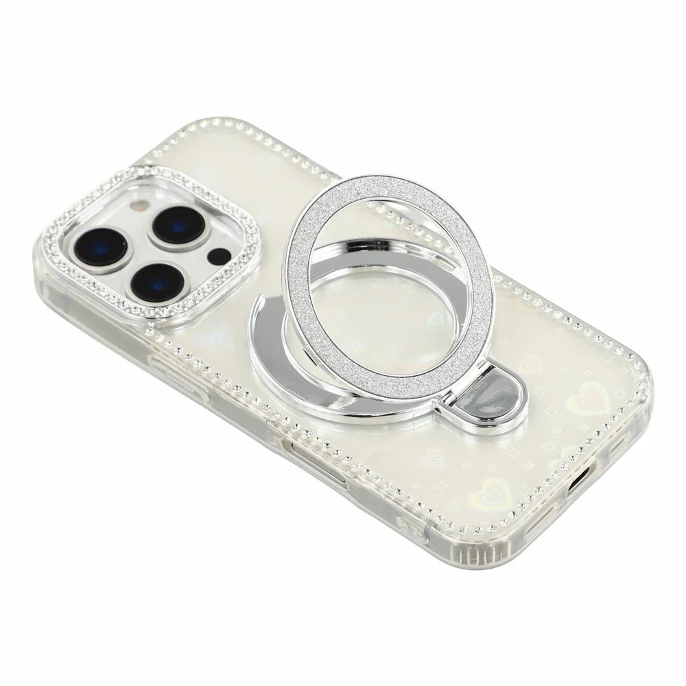 For iPhone 16 Pro Max Case Kickstand Rhinestone Edge Glitter Back TPU + PC IMD Phone Cover - Heart Transparent - 6