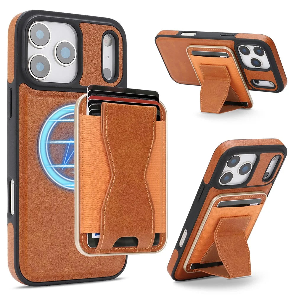 For iPhone 17 Pro Max Magnetic Case with Detachable Card Holder Kickstand TPU + PU Back Cover Compatible with MagSafe - Brown - 1