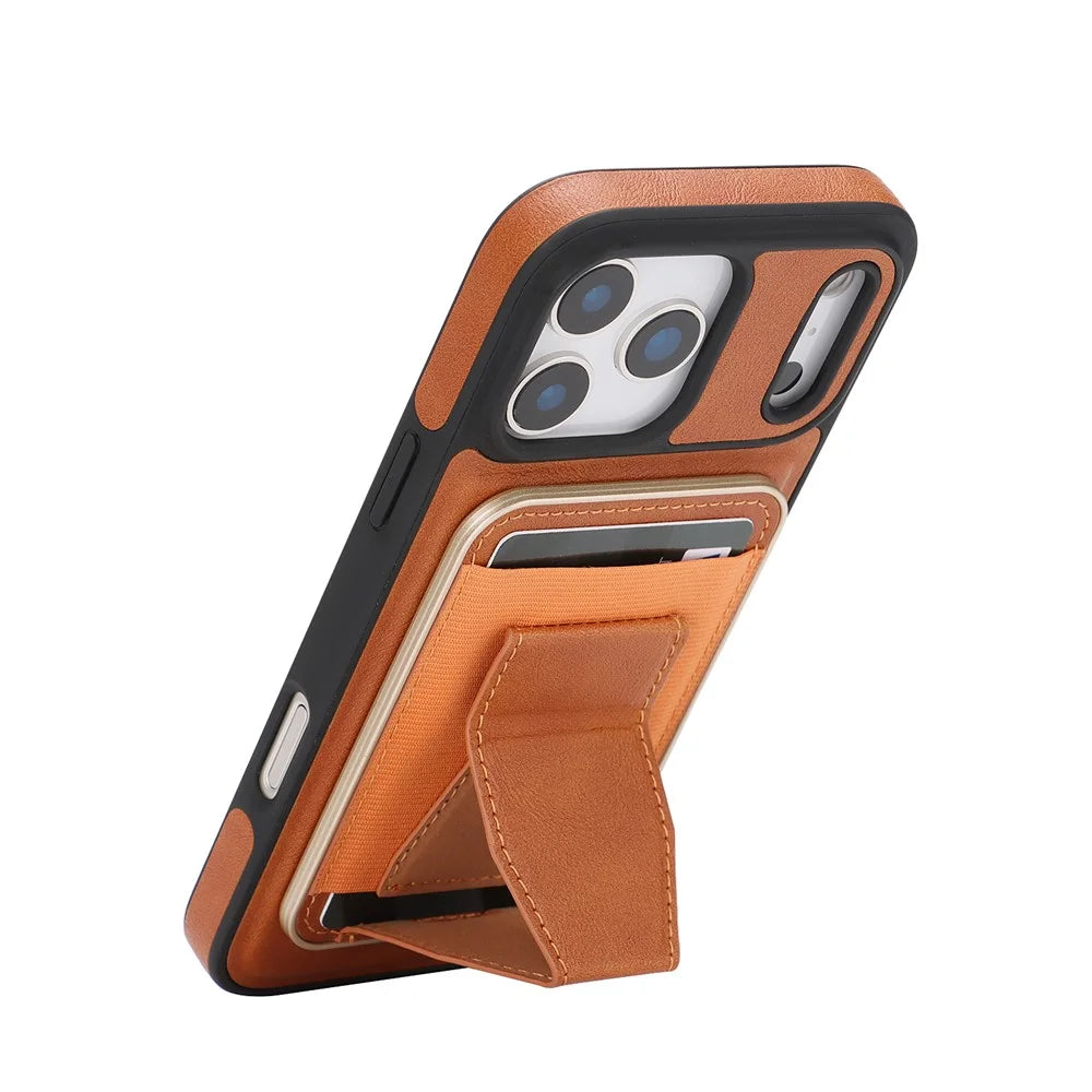 For iPhone 17 Pro Max Magnetic Case with Detachable Card Holder Kickstand TPU + PU Back Cover Compatible with MagSafe - Brown - 2