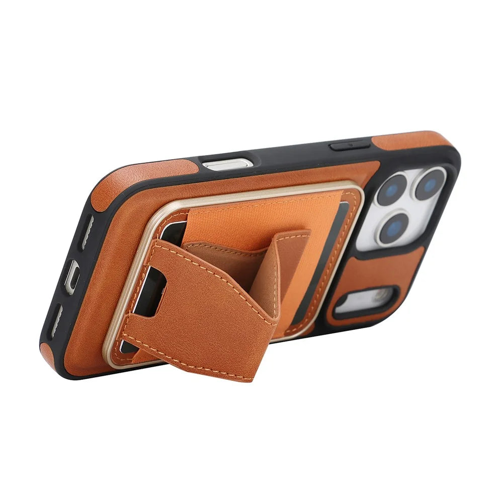 For iPhone 17 Pro Max Magnetic Case with Detachable Card Holder Kickstand TPU + PU Back Cover Compatible with MagSafe - Brown - 3