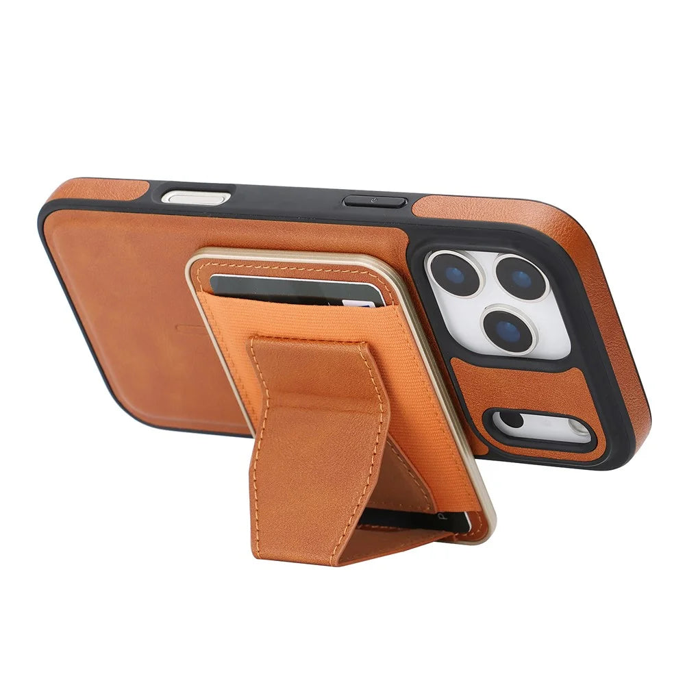 For iPhone 17 Pro Max Magnetic Case with Detachable Card Holder Kickstand TPU + PU Back Cover Compatible with MagSafe - Brown - 4