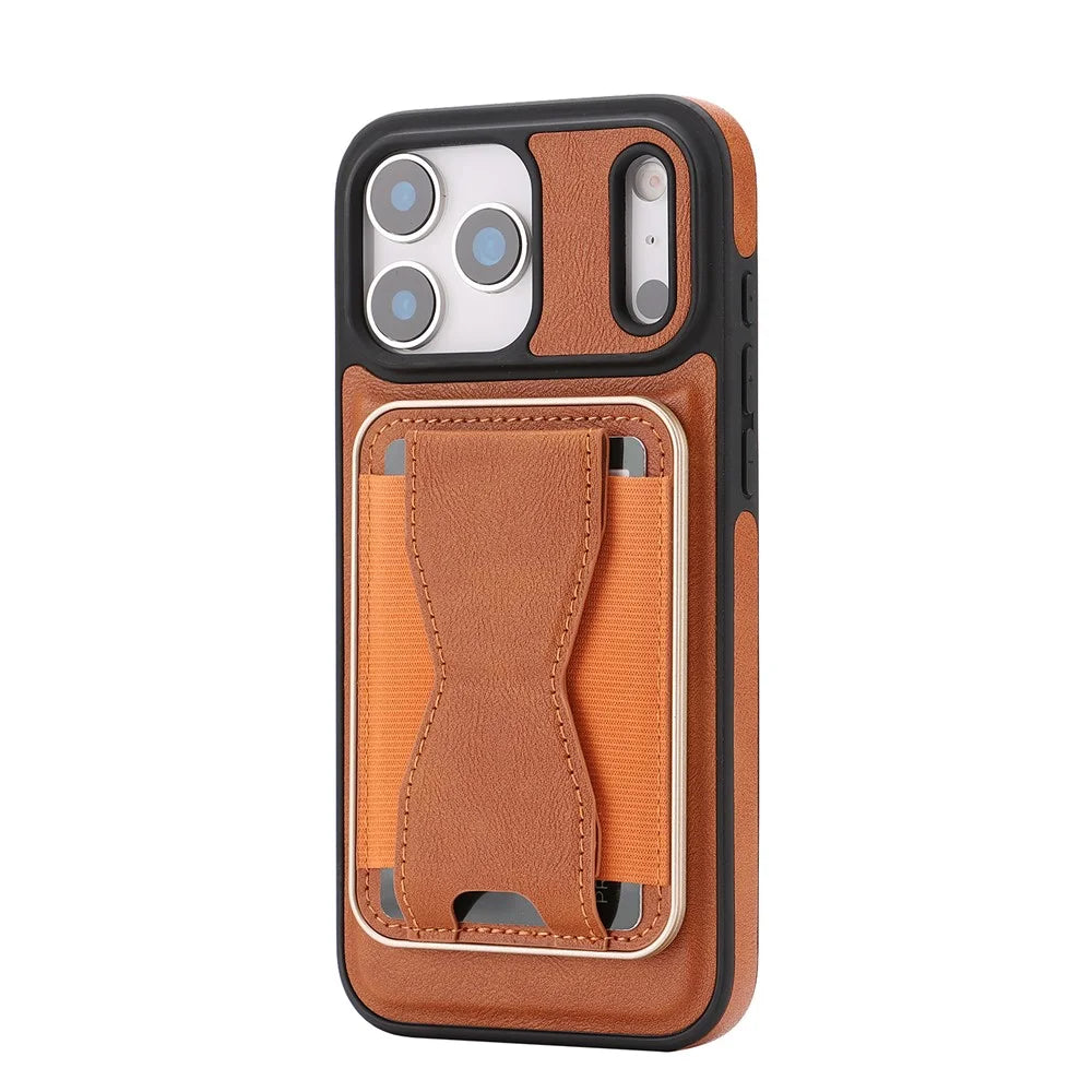 For iPhone 17 Pro Max Magnetic Case with Detachable Card Holder Kickstand TPU + PU Back Cover Compatible with MagSafe - Brown - 5