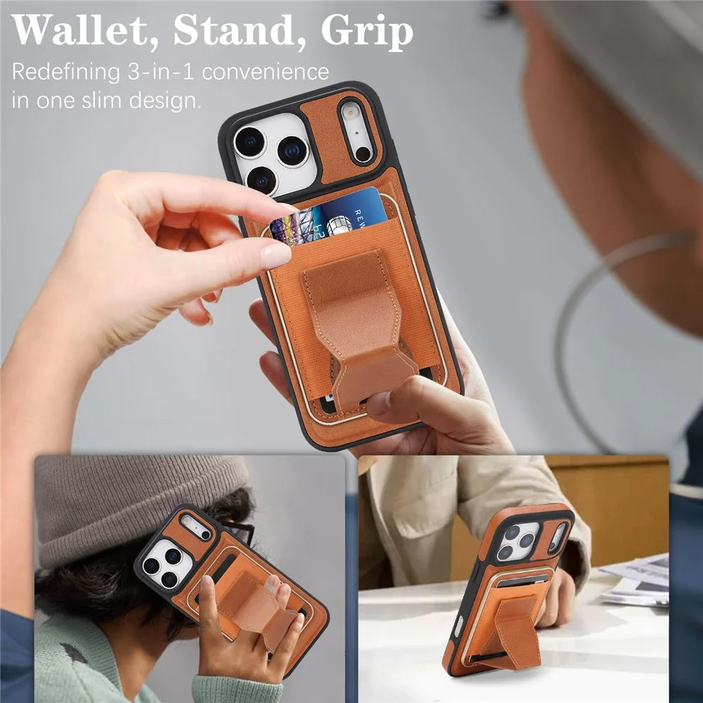 For iPhone 17 Pro Max Magnetic Case with Detachable Card Holder Kickstand TPU + PU Back Cover Compatible with MagSafe - Brown - 7