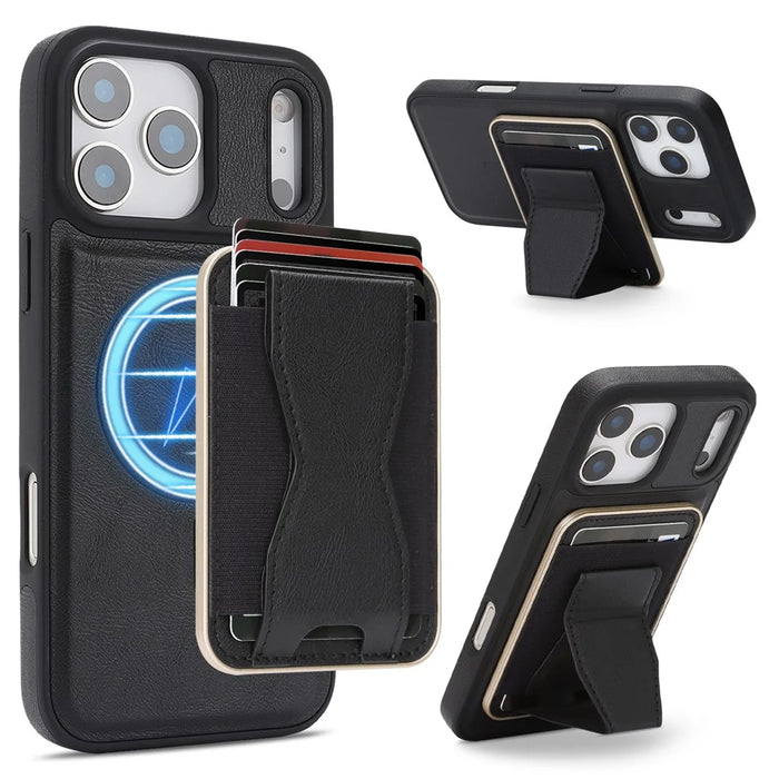 For iPhone 17 Pro Magnetic Case with Detachable Card Holder Kickstand TPU + PU Back Cover Compatible with MagSafe - Black - 1