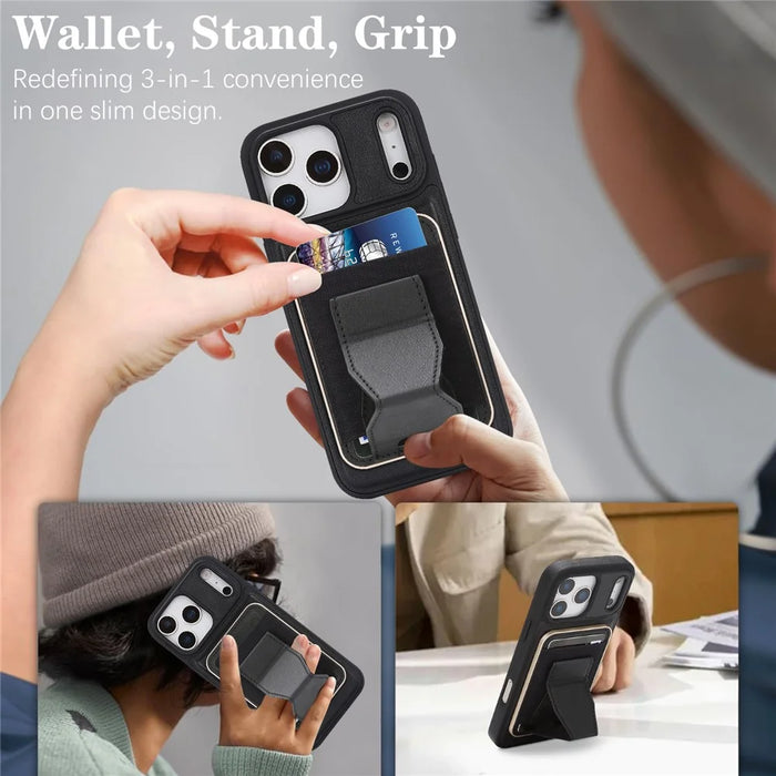 For iPhone 17 Pro Magnetic Case with Detachable Card Holder Kickstand TPU + PU Back Cover Compatible with MagSafe - Black - 6