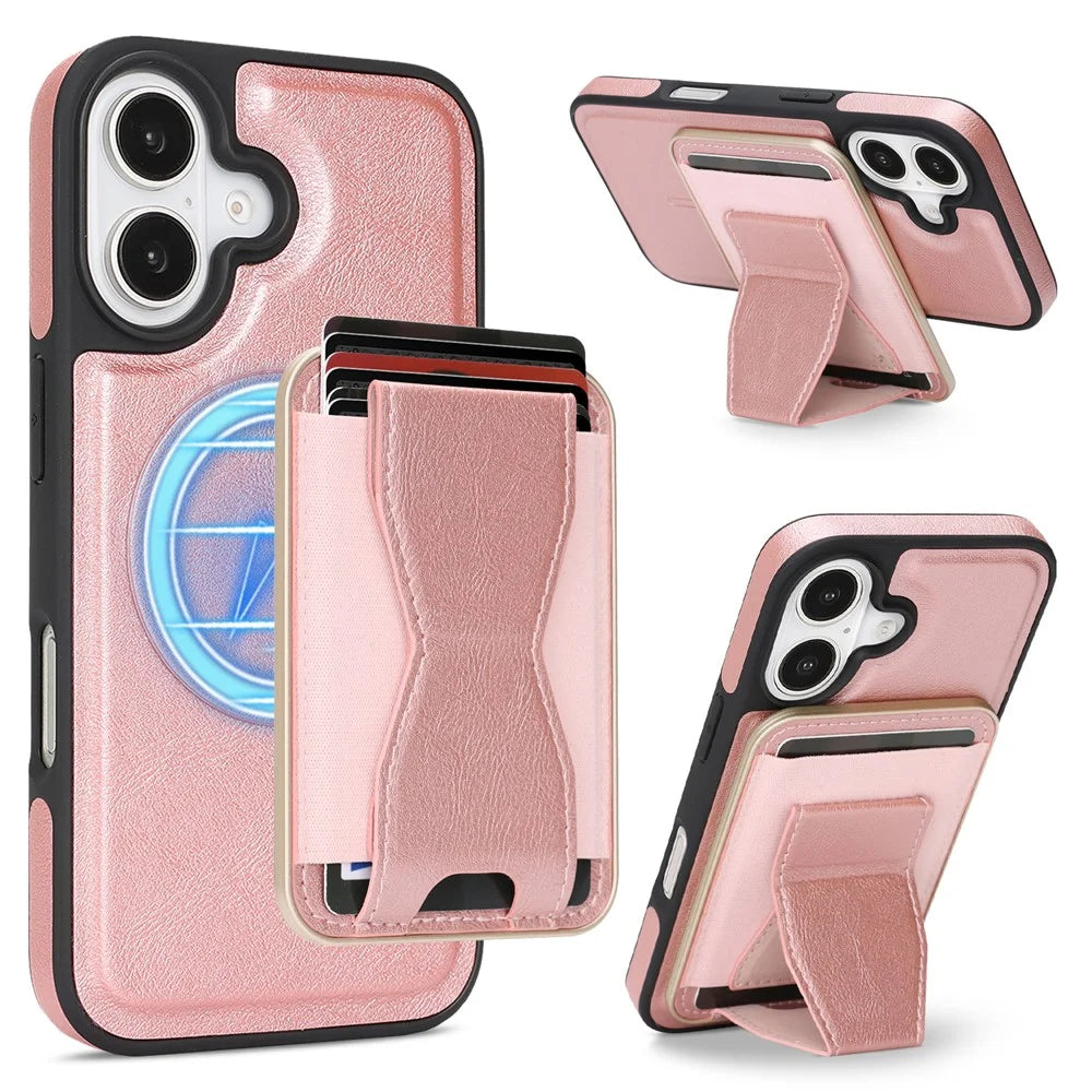 For iPhone 17 Magnetic Case with Detachable Card Holder Kickstand TPU + PU Back Cover Compatible with MagSafe - Pink - 1