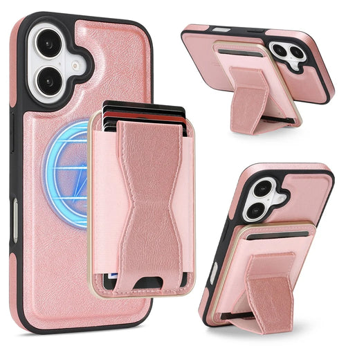 For iPhone 17 Magnetic Case with Detachable Card Holder Kickstand TPU + PU Back Cover Compatible with MagSafe - Pink - 1