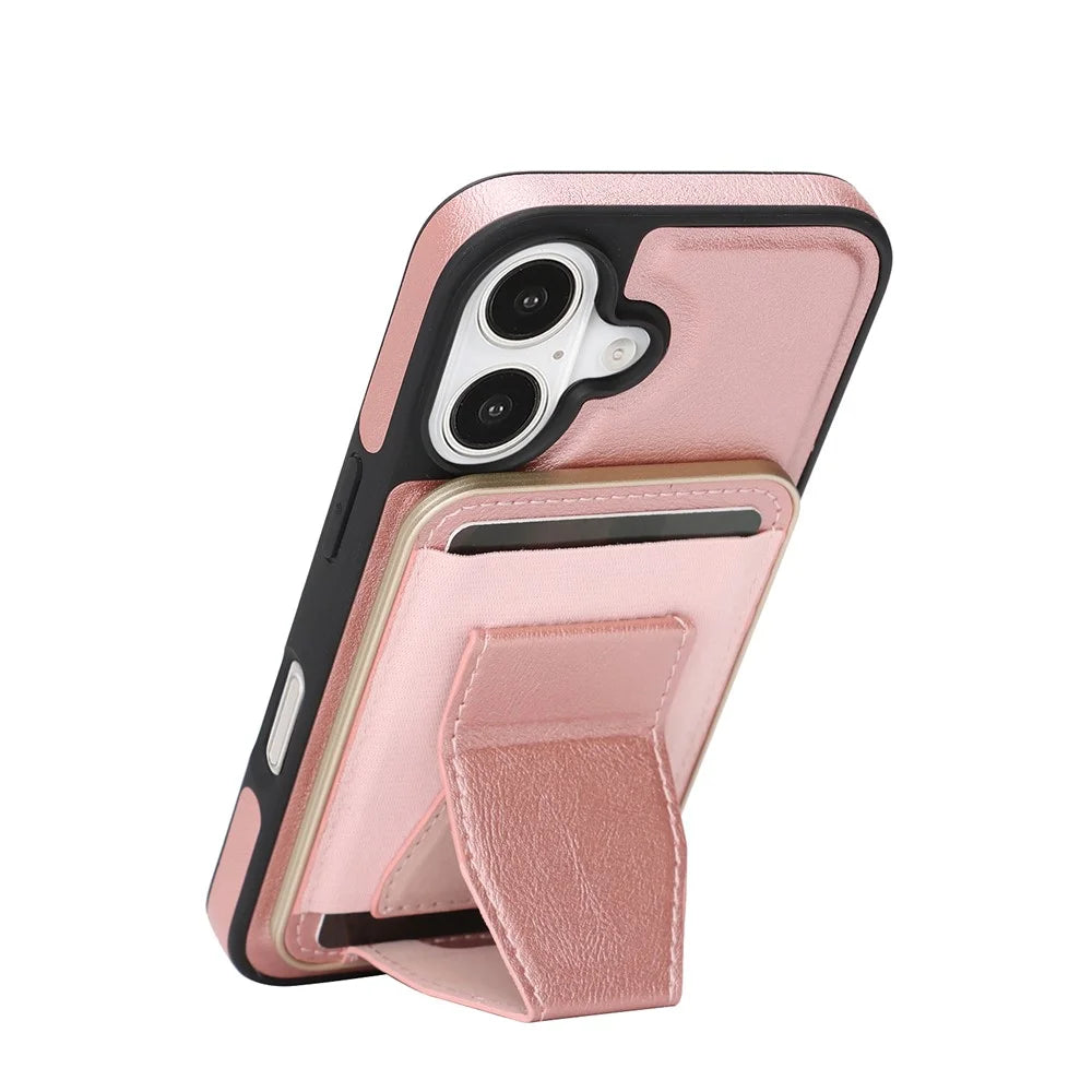 For iPhone 17 Magnetic Case with Detachable Card Holder Kickstand TPU + PU Back Cover Compatible with MagSafe - Pink - 2